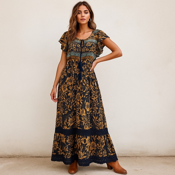 👀 429. Lascana Boho Floral Maxi Dress w/ Crochet Hem & Tassel Tie – Size 4 - Picture 1 of 9